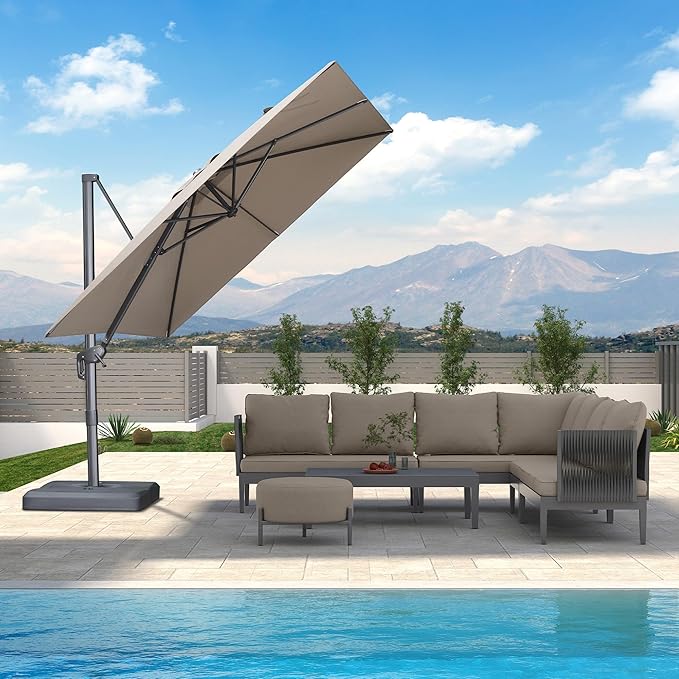 PURPLE LEAF Patio Umbrella 9' X 9' Rectangle Cantilever Umbrella Large Aluminum Outdoor Umbrellas with 360-degree Rotation & UPF40+ Premium Fabric for Deck Pool Garden Yard, Ash Mocha
