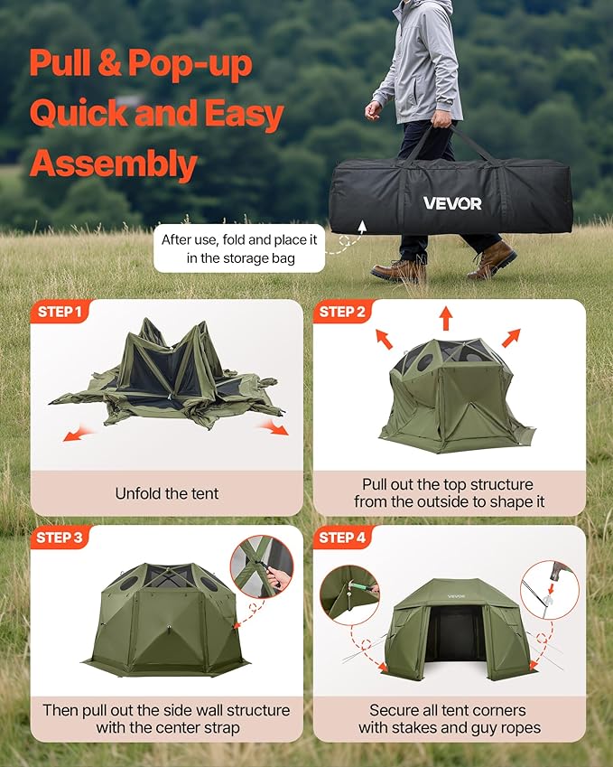 VEVOR Pop up Gazebo Screen Tent, 13 x 13 ft, 13-Sided Spherical Camping Canopy Tent with Removable Top & Carry Bag, Quick-Set & Bite-Proof, Screen House Sun Shelter for 10-12 Persons, Green