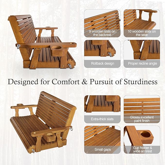 Wooden Porch Swing 2-Seater, High Backrest and Deep Seat, Bench Swing with Cupholders, Hanging Chains and 7mm Springs, Heavy Duty 880 LBS, for Outdoor Patio Garden (Cedar Tone - 4 FT Extra Large)