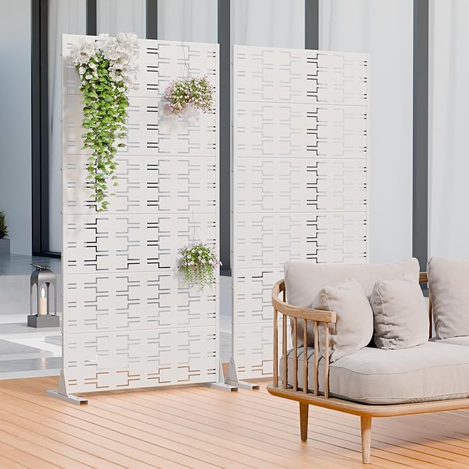 Casaphoria Metal Privacy Screen Outdoor, 72" H x 35" W Freestanding Decorative Privacy Screen for Patio Deck Balcony Garden with Stable Base, White-Brick