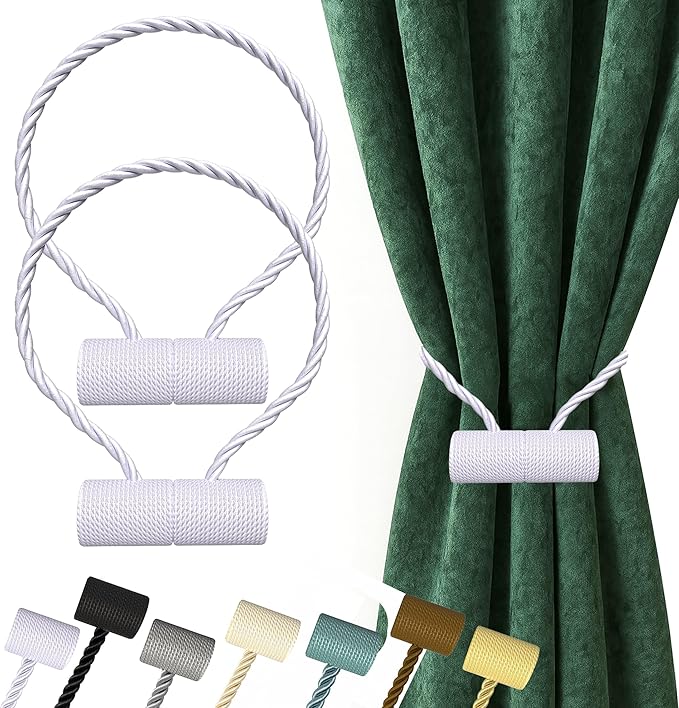 Hion Magnetic Curtain Tiebacks White 2pcs, Curtain Tiebacks Buckles Holdbacks Holders Hooks Clip for Home Bedroom Office Decorative Curtain