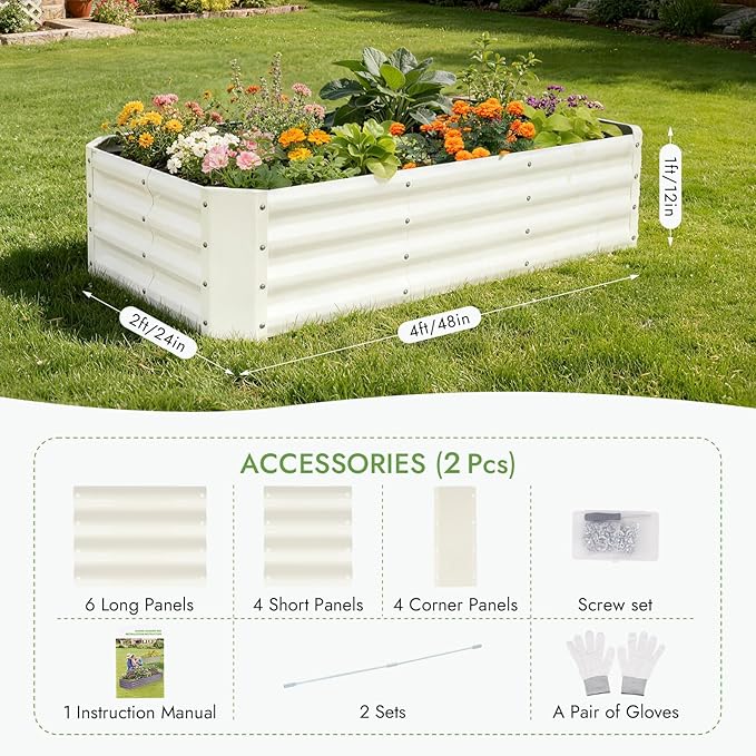 INNO STAGE 2Pcs Galvanized Raised Garden Bed Kit, 4x2x1FT Metal Raised Garden Beds for Vegetables, Rust-Resistant & Easy Assembly, Outdoor Raised Beds for Gardening, Flowers, Herbs (White)