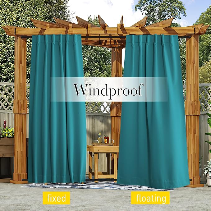 NICETOWN 2 Panels Outdoor Curtains Waterproof Pocket & Back Tab on Top & Bottom, Thermal Insulated Windproof Sun Blocking Outside Privacy Drapes for Patio with Fixed Rope, W52 x L95, Peacock Teal