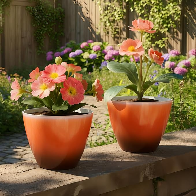 2 Pack Plastic Plant Pots with Drainage Holes, 8 inch Planter for Indoor Outdoor Plant, Garden Flower Pots for Aloe, Herbs, Cactus (Orange, 2pcs)