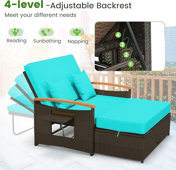Tangkula Patio Rattan Daybed with 4-Level Adjustable Backrest, Outdoor Wicker Loveseat with Acacia Wood Armrest, Storage Ottoman & Folding Tray, Double Sunbed for Balcony, Yard & Poolside (Turquoise)
