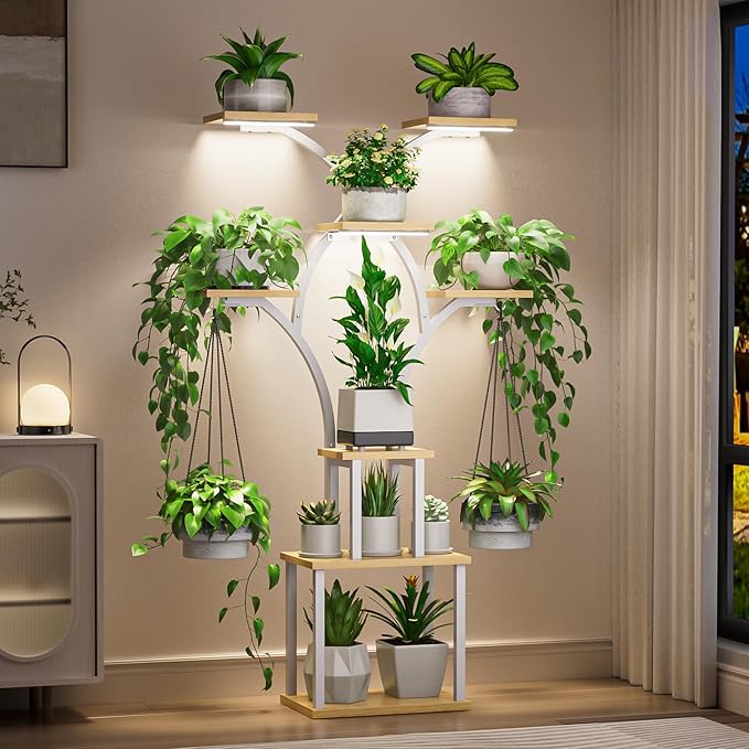 Elbourn Plant Stand Indoor with Grow Lights - 60" Tall Metal Plant Shelf for Multiple Plants, 8 Tiered Corner Plant Stands for Indoor Plants, X - Shaped Decorative Rack for Home, Living Room & Patio Decor (White)