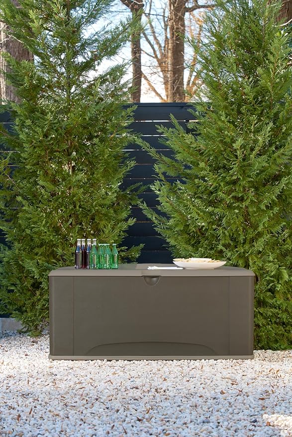 Rubbermaid Extra Large Resin Outdoor Storage Deck Box with Seat (120 Gal), Weather Resistant, Brown, Deck Organization for Home/Backyard/Pool Chemicals/Toys/Garden Tools/Porch/Patio Cushions