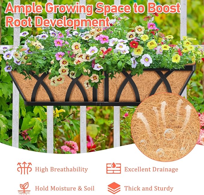 Riare 3 Pack 24 Inch Metal Railing Planter Window Box with Coco Liner- Adjustable Window Flower Boxes for Railings, Hanging Rail Planters for Deck, Balcony, Porch, Fence, Indoor Outdoor Plants