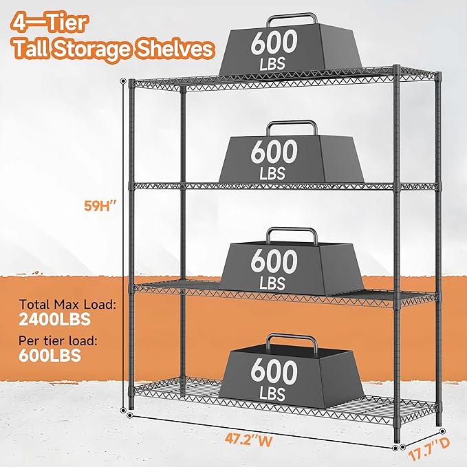 2400LBS 47.3" W Stand Shelf Wire Rust-Proof Outdoor Storage Shelving 4-Tier Utility Shelving Unit for Garden Home,Kitchen,Office Dark Grey 17.7" D x 47.3" W x 59.4" H