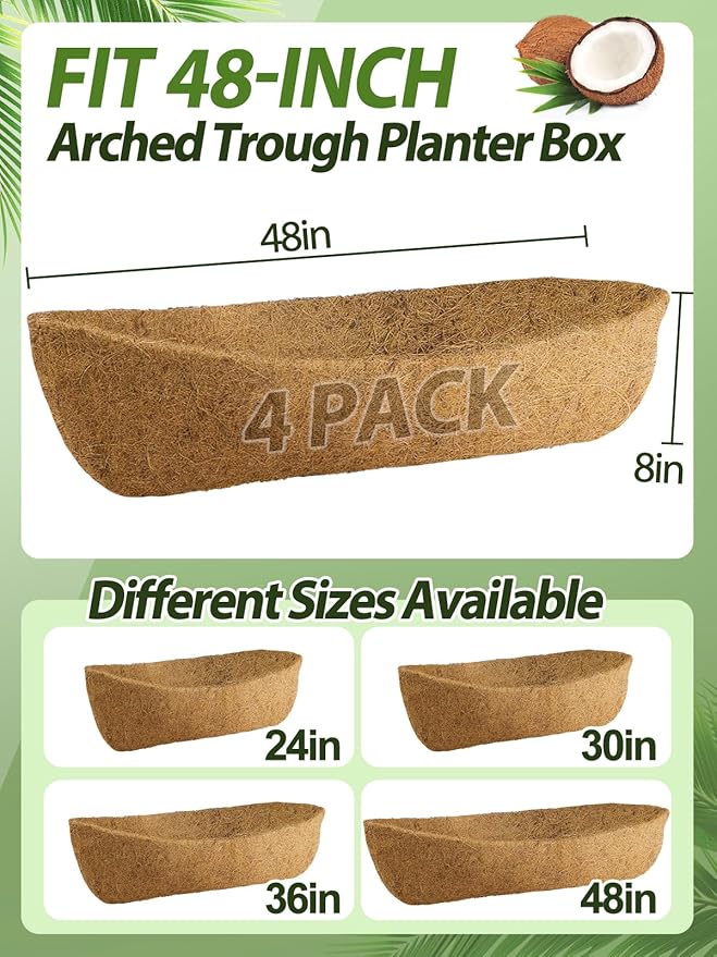 48in Arched Coco Liners for Window Planter Box - 4 Pack 100% Natural Coconut Coir Fiber Liner Replacement for Deck Flower Box, Garden Railing Fence Trough, Wall Planter Basket