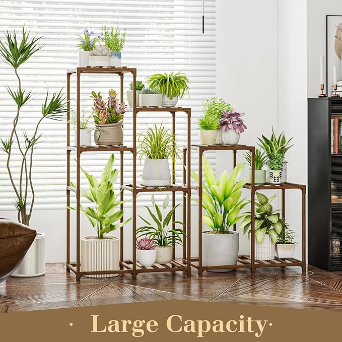 Bamworld Indoor Plant Stands Outdoor Combo Plant Shelves for Multiple Plants 10 Pots Wooden 2 Sets of Package Plant Rack for Living Room Balcony Garden