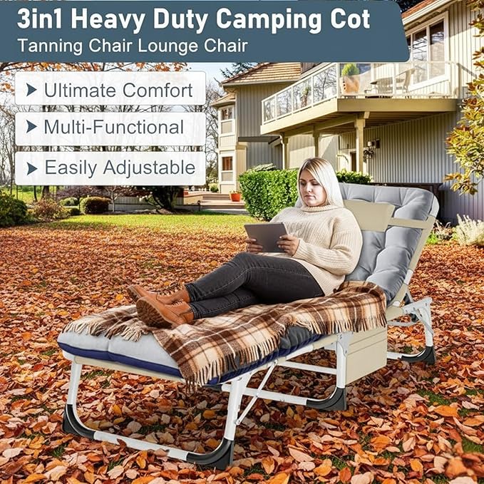 ABORON 3-in-1 Sun Tanning Chair – Oversized Folding Chaise Lounge with Mat, Pillow & Face Hole, 5-Position Adjustable for Beach, Pool, Lawn, or Patio Use