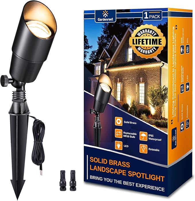 Gardenreet Landscape Spotlights Low Voltage - Brass Outdoor Uplight LED 12V, Wired Spot Lights IP65 Waterproof, Black for Exterior Garden Yard Tree House Without MR16 Bulb