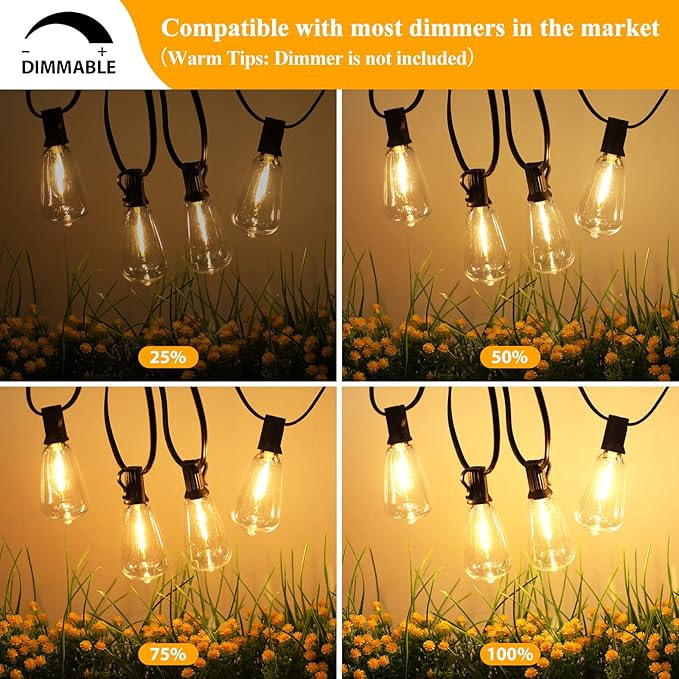 Brightever 50FT Outdoor String Lights Waterproof, 2700K Bright LED Patio Lights with 27 ST38 Shatterproof Vintage Bulbs, Retro Connectable Edison String Lights for Outside, Garden, Balcony, Porch