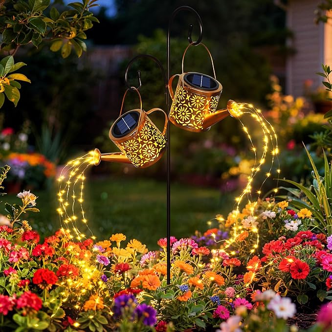 X-PREK Solar Garden Lights Outdoor Decoration, Metal Solar Watering Can Lights Outdoor Waterproof, Small Patio Light Yard Lawn Pathway Decor, Gardening Gifts for Women Mom Grandma 2 Packs