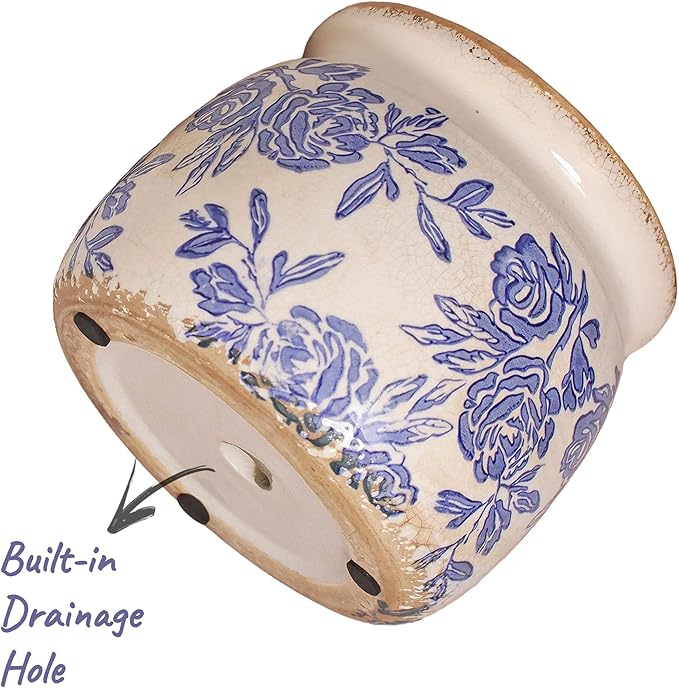 Chinoiserie Ceramic Plant Pot for Garden Decor, 6.29in Rustic Farmhouse Planter with Drainage Hole for House Plants, Blue and White Vase for Centerpiece, Kitchen & Office Decoration, Plant Lover Gifts