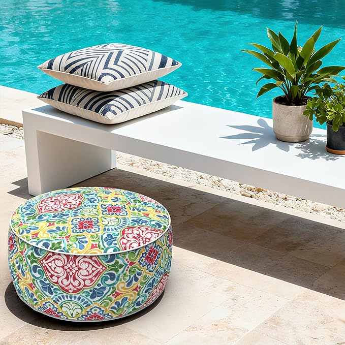 LVTXIII Indoor/Outdoor Inflatable Ottoman with Handle D21 x H9 Inch, Weather-Resistant Round Footstool Pouf for Patio Camping Living Room, Portable Footrest Extra Seating, Damask Red