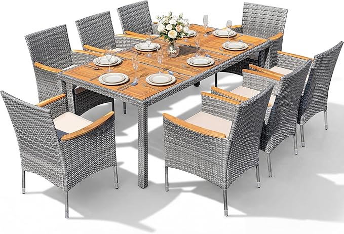 Devoko Outdoor Patio Dining Sets 9 Pieces Wicker Outdoor Dining Table and Chairs Set with Acacia Wood Table Top and Widened Armrests for Backyard, Garden, Deck (Grey)
