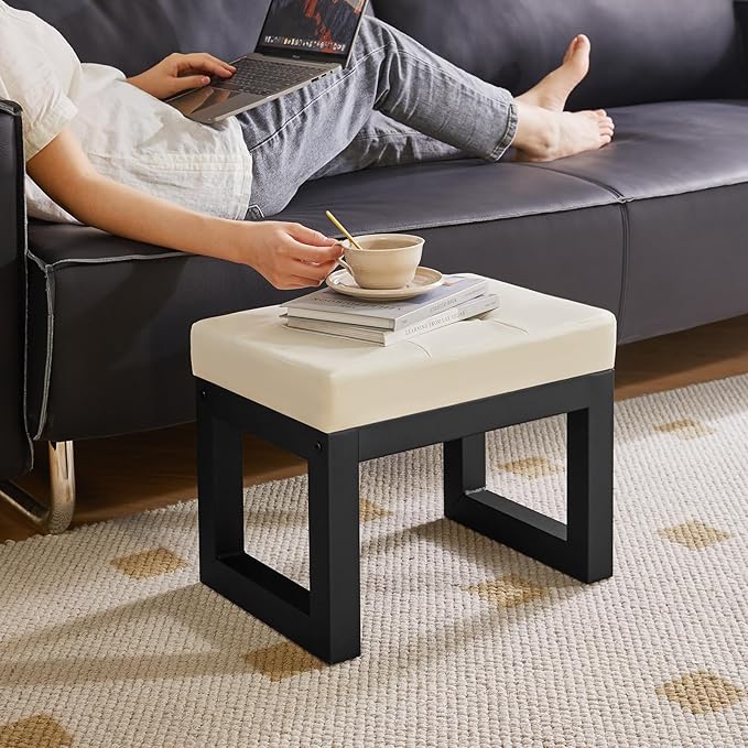 IBUYKE 16 Inch Small Foot Stool Ottoman, Rectangle PU Faux Leather Foot Rest with Padded Seat and Metal Legs, Modern Ottoman Foot Rest for Living Room Bedroom Entryway Couch,White WBD026W