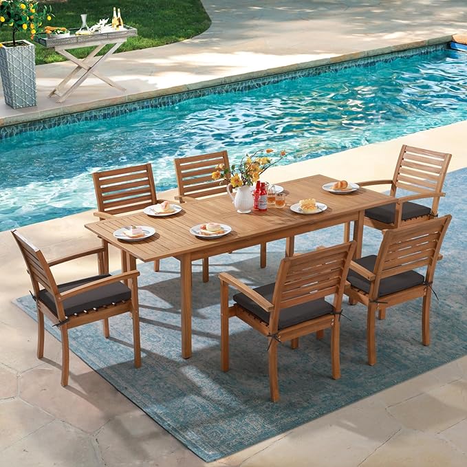 OC Orange-Casual Stackable Patio Dining Chairs Set of 6, Outdoor Acacia Wooden Chairs w/Armrest & Removeable Fabric Cushion, for Porch, Backyard, Garden, Indoor, Dark Grey