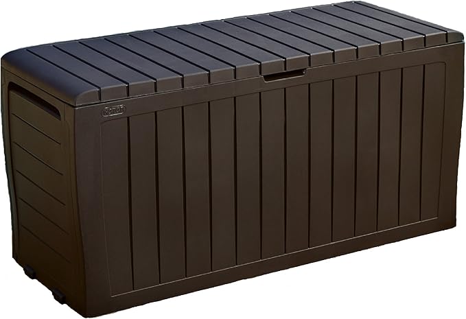 Keter Marvel Plus 71 Gallon Resin Outdoor Storage Box for Patio, Balcony & Garden – Weather‑Resistant Deck Box for Cushions, Pillows, Pool Floats & Tools, Brown