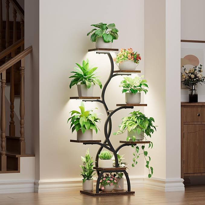 Plant Stand Indoor with Grow Light - 8 Tiered Plant Shelf Indoor, Corner Plant Stand, 49" Tall Plant Shelf with Lights for Indoor Growing, Lighted Flower Holder for Living Room, Balcony, Black