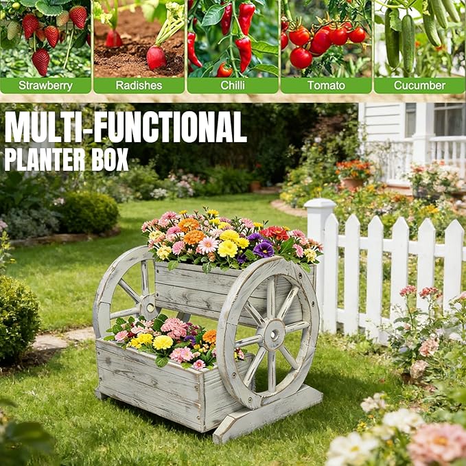 NestNature Wooden Wagon Planter Box,Raised Garden Bed,Decorative Garden Planters with Wheels-Outside Flower Pots for Indoor/Outdoor Décor Plants (Antique White)