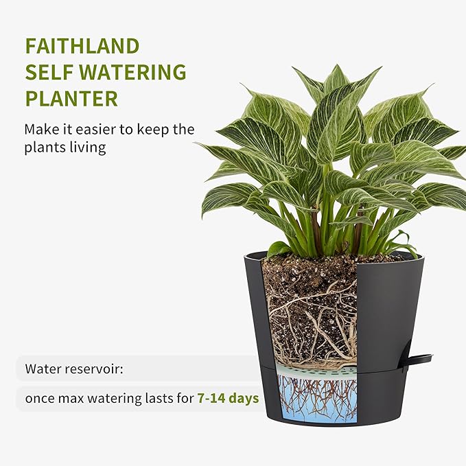 FaithLand 2-Pack 9 Inch Planter Pots for Indoor Outdoor Plants, Self Watering Flower Pots with Deep Reservoir, Black …
