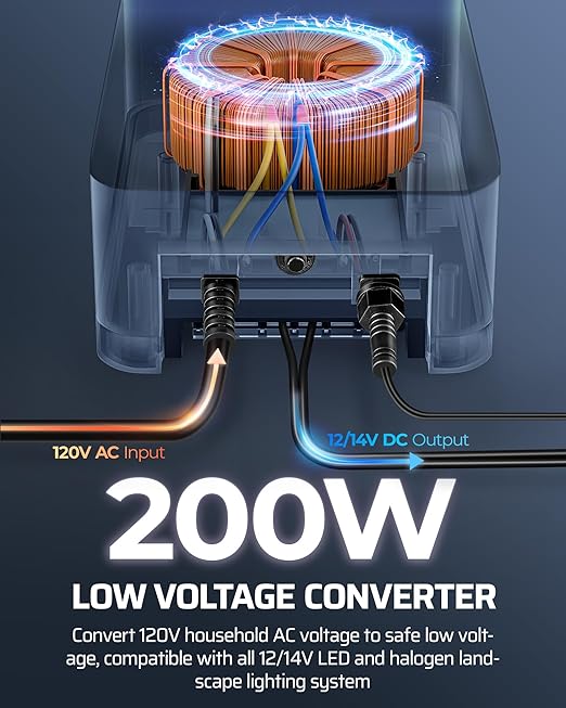 DEWENWILS 200W Low Voltage Landscape Transformer, Photocell Sensor & Timer, 120V AC to 12/14V AC, Landscape Lighting Transformer Outdoor, Weatherproof for Spotlights, Garden Lights