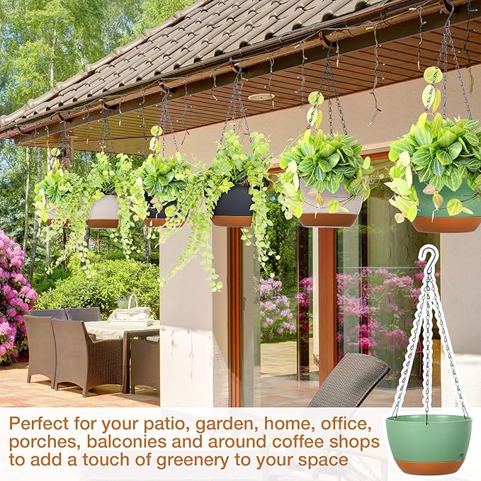 Mumufy 6 Pcs 8 Inch Hanging Planter for Indoor and Outdoor Plants Plastic Hanging Flower Pots with Drainage Hole and Removable Saucer Hanging Plant Holder Plant Hanging Basket (Mixed Colors)