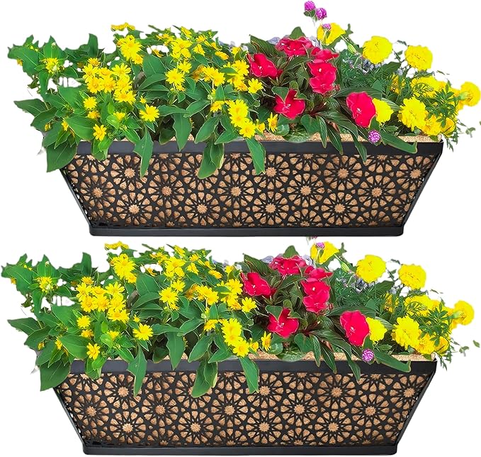 2 Pack 30" Railing Planter Window Box Deck Balcony Rail Planters Black Metal Flower Basket Horse Trough Planter with Coco Fiber Liner for Porch Fence Patio Outdoor
