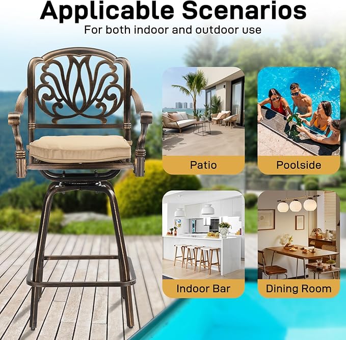 VINGLI Outdoor Swivel Bar Stools Set of 2, Cast Aluminum Patio Bar Height Chairs, All-Weather Bar Dining Chairs Outdoor Swivel Patio Furniture (Elizabethan Back)