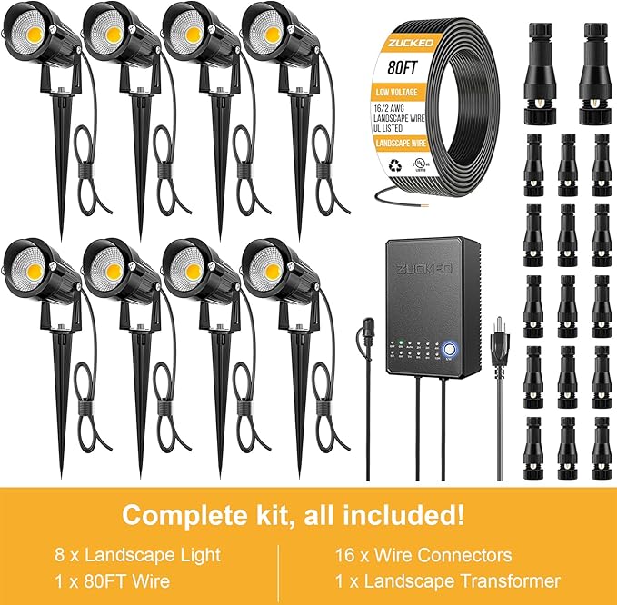 ZUCKEO All-in-One Landscape Lighting Kit, 5W LED Low Voltage Landscape Lights with Transformer and 80FT Wire, Waterproof Outdoor Spotlight with Connectors for Yard Garden House, 3000K 12-24V 8Pack