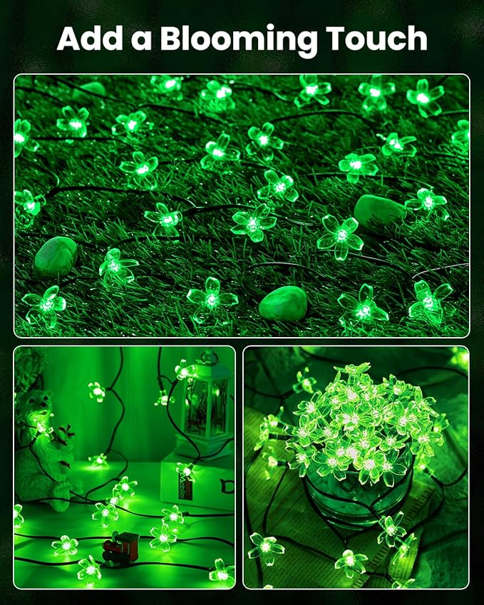 Brightown 60 LED Flower Solar Lights String Outdoor Waterproof Fairy Lights for Garden Yard Fence Patio Christmas Tree Wedding Party Decor, Green
