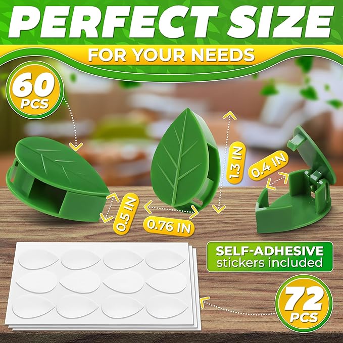 60Pcs Plant Climbing Wall Fixture Clips with 72Pcs Self-Adhesive Stickers - Leaf-Shaped and Weather-Resistant Money Plant Vine Wall Clips - Easy Installation Pothos Climbing Support for Vines & Cables