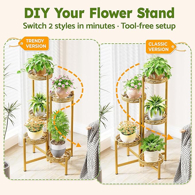 Tall Plant Stand Indoor Outdoor, Corner Metal Flower Pot Stands for Multiple Plants, 5 Tier Heavy Duty Plant Shelf for Patio Garden Balcony Living Room Bedroom - GoldWave