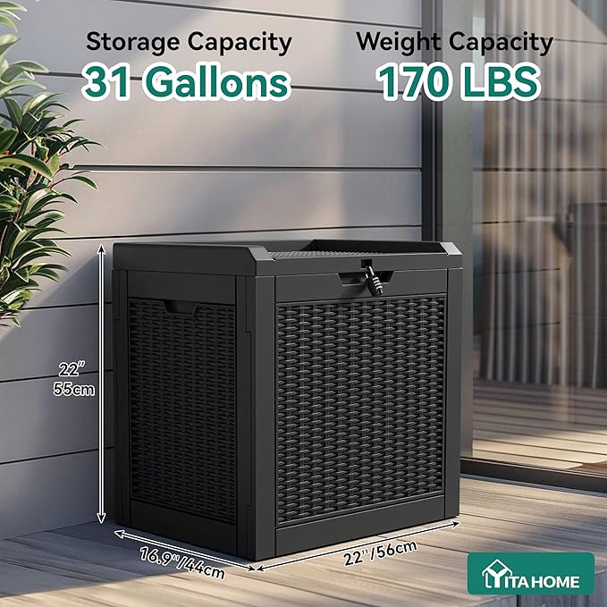 YITAHOME 32 Gallon Deck Box, Resin Storage with Lockable Lid & Side Handles, Indoor Outdoor Small Container for Patio Cushion, Garden Pool Accessories, Backyard Furniture, Water Resistant
