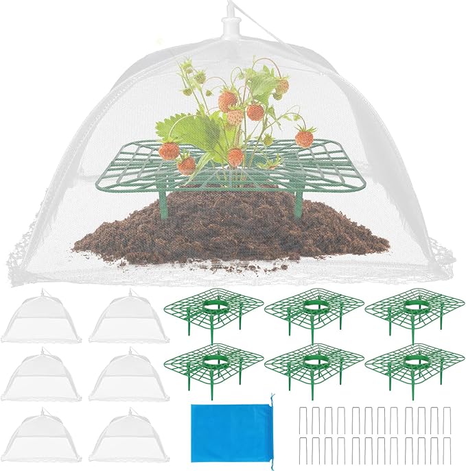 6 Sets Strawberry Plant Supports with Mesh Plant Cover,Strawberry Growing Racks with Metal Plant Nails and Storage bag for Strawberry Vegetables，Used to protect strawberries and keep them clean