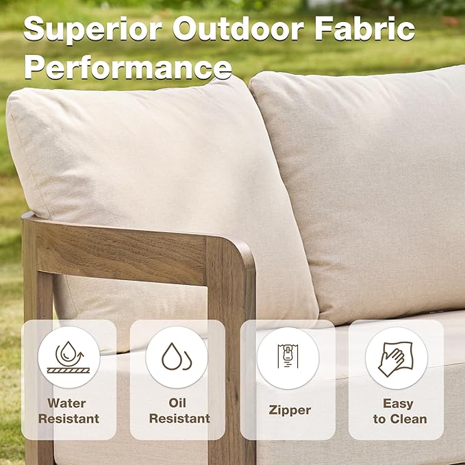 Outdoor Couch Aluminum Patio Furniture, 3-Seat All-Weather Metal Modern Patio Sofa with Washable Thick Cushion for Garden/Backyard/Porch, Beige