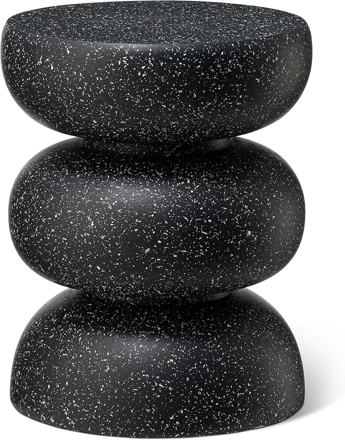 Glitzhome Outdoor Side Table, 18" H Decorative Garden Stool MGO Faux Terrazzo End Table, Heavy Duty Indoor Outdoor Round Planter Stand for Living Room Bedroom Patio Deck Poolside,Black