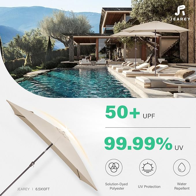 JEAREY 6.5x10 ft Rectangular Patio Umbrellas Rectangle Outdoor Umbrella with Push Button Tilt and Crank, Market Table Umbrella 6 Sturdy Ribs UV Protection for Poolside Garden Backyard Deck, Beige