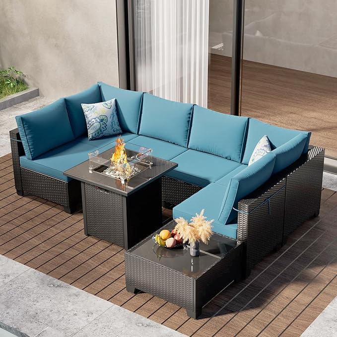 8 Piece Patio Furniture Set with Fire Pit Table, Rattan Outdoor Sectional Sofa, Durable Conversation Set for Backyard, Garden, Deck (Coffee/Peacock Blue)