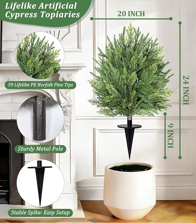 2 Pack Artificial Cypress Topiary Ball Trees with Ground Spike, 24" Norfolk Fake Bushes Shrubs UV Resistant Faux Plants Greenery for Outdoor Planters Garden Front Porch Pot Urn Fillers Spring Decor