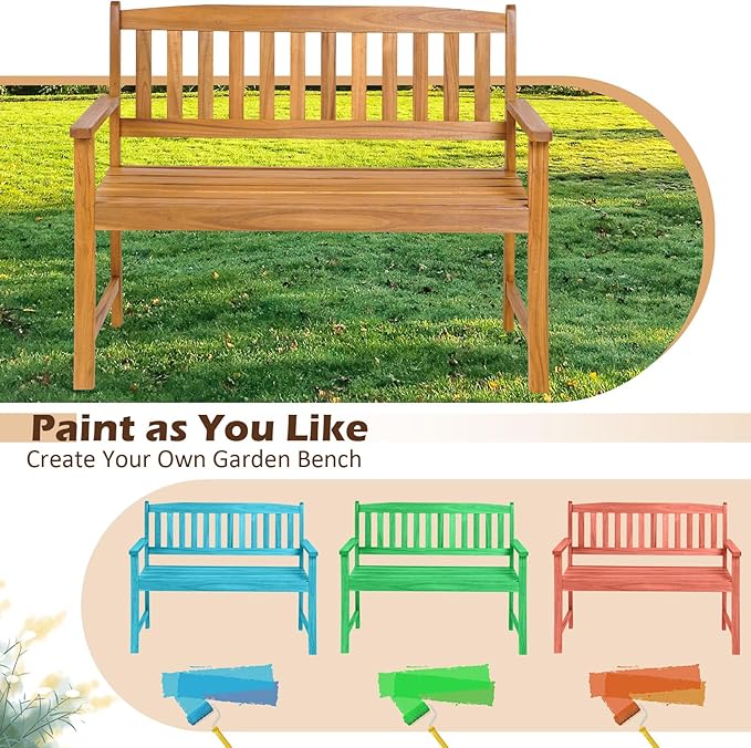 Tangkula Outdoor Acacia Wood Bench, 2-Person Garden Bench with Backrest and Armrests, Garden Bench with Slatted Seat for Porch, Park, Backyard, 800 Lbs Max Load, 43” L x 22” W x 34” H, Natural