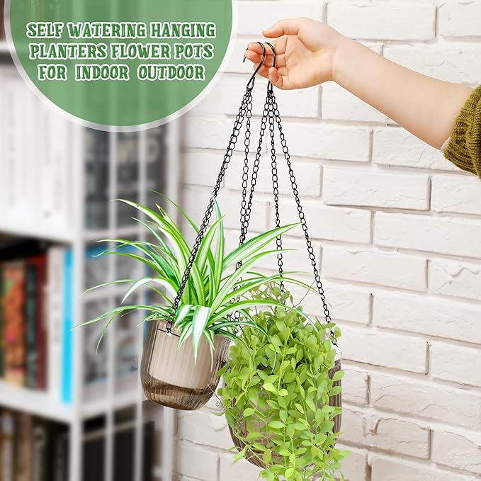 Maxcheck 4 Pcs Self Watering Hanging Planters Indoor Gift 6.5'' 4.5'' Hanging Flower Pots Baskets Outdoor Self Watering Plant with 3hooks Drainage Holes for Home(Gray)