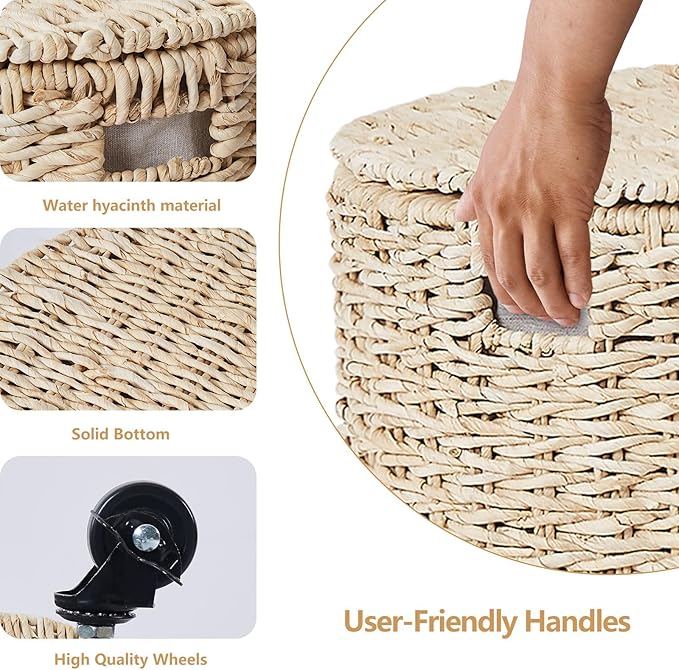 Wimarsbon Round Pouf Ottomans, Handwoven Natural Water Hyacinth Seagrass Pouffe,Outdoor Rattan Stool Accent Seat, Bohemian Coastal Home Decor (Storage Ottoman - Corn Husk)