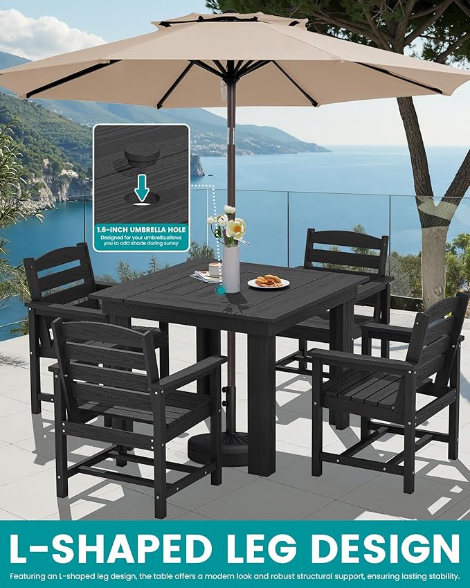 SERWALL Outdoor Dining Set for 4, HDPE Square Table and Chairs Set All Weather Patio Dining Set with 4 Classic Dining Chairs, 5-Piece Patio Dining Furniture for Deck, Black
