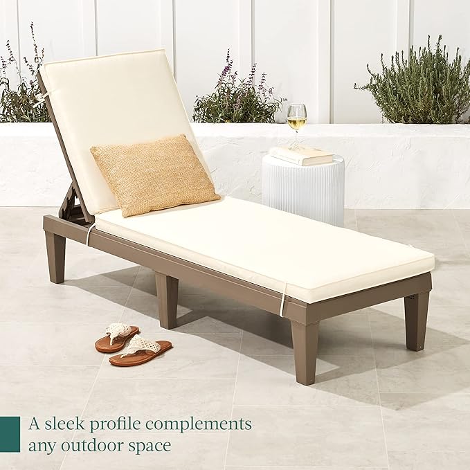 Best Choice Products Outdoor Lounge Chair, Resin Patio Chaise Lounger for Poolside, Backyard, Porch w/Seat Cushion, Adjustable Backrest, 5 Positions, 330lb Capacity - Brown/Ivory