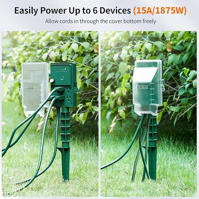 SURAIELEC Outdoor Power Stake, Dusk to Dawn Light Timer, 6 Electrical Outlet Power Strip Waterproof, 6FT Extension Cord for Patio Lights, Sprinkler, Garden, Christmas Decorations, Outdoor Light