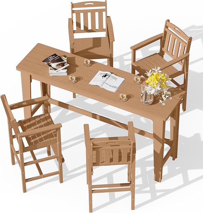 Ciokea Outdoor Bar Height Table Set of 5, 60" Extra Long Rectangle High Top Table and 4 Oversized Adirondack Chairs Set, Heavy-Duty All-Weather HDPE Patio Bar Set for Backyard Balcony Deck, Teak